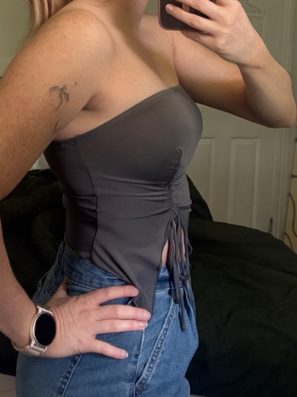 Strapless Asymmetrical Drawstring Tube Top - Charcoal Gray - Picture 2 of 3
